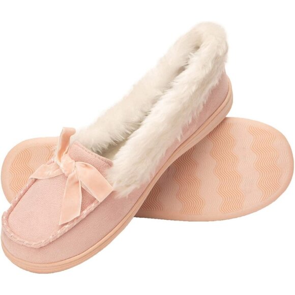 Women's Light Pink Bow Faux Fur Collar Pull On Plush Lining Slipper Boot Shoes - Picture 3 of 6